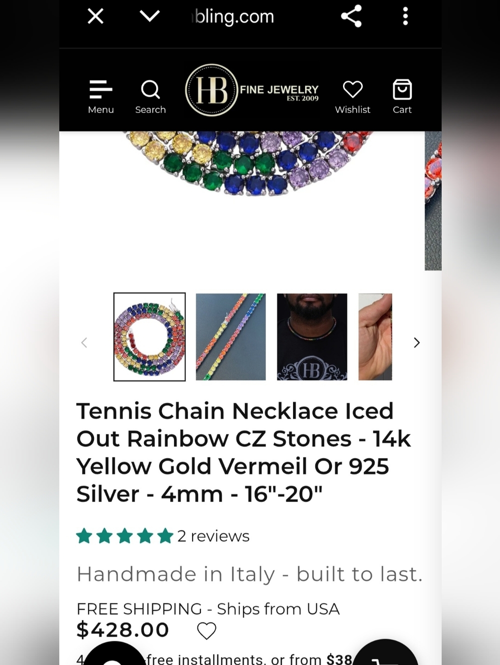 Tennis Chain SOLID 925 Gold Vermeil/ Single Row Rainbow CZ Necklace 20" - Picture 3 of 8